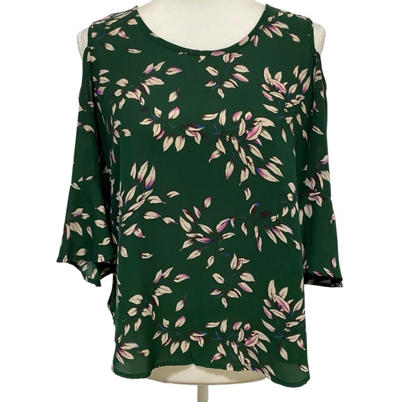 Sienna Sky Top Dark Green Leaf Print Blouse 3/4 Sleeve Cold-Shoulder Size Small - Picture 15 of 16